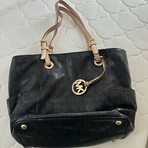 Michael Kors Black Tote with Tan Shoulder Straps and Gold MK Charm